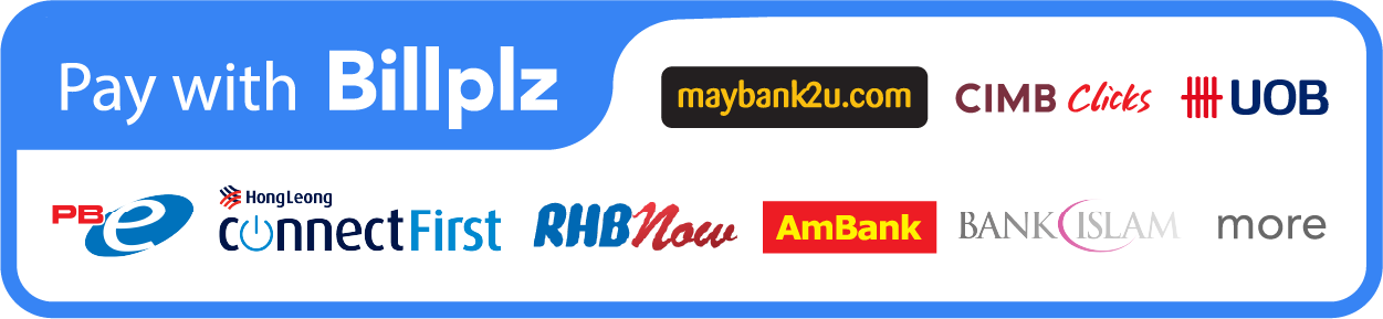 Pembayaran selamat melalui Billplz, Maybank2u, CIMB Clicks, UOB, PBe, Hong Leong Connect, RHB Now, AmBank dan Bank Islam